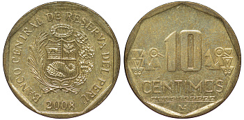 Перу 10 сентимо 2008 KM 305.4 латунь aUNC 4605-547