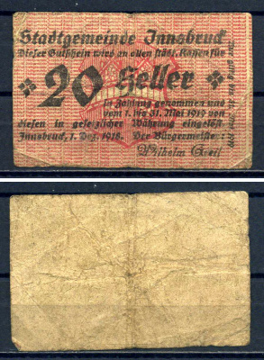 Инсбрук (Австрия) 20 геллеров 1920 Jaksc/Pick?JPR0409a-20 бумага 7556-39-4-1