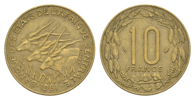 Центральная Африка (BEAC) 10 франков 1981 KM 9 медь алюминий никель 4650-313