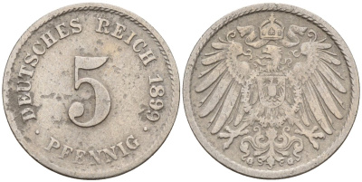 Германия 5 пфеннигов 1899 G KM 11, J. 12 медно-никель 4151-422