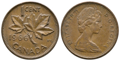 Канада 1 цент 1966 Елизавета II (1952-2022), кленовый лист KM 59.1 бронза 46-1411