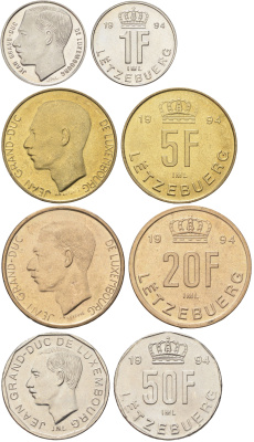 Люксембург набор из 4 монет (1, 5, 20 и 50 франков) 1994 Великий герцог Жан (1964-2000), тираж 10.000 экземпляров KM 63, 65, 66 и 67 BU 4127-1711-1714