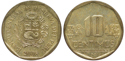 Перу 10 сентимо 2008 KM 305.4 латунь aUNC 4605-547