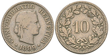 Швейцария 10 раппенов 1899 B KM 27 медно-никель 4615-1011