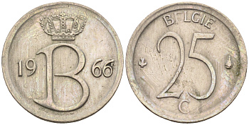 Бельгия 25 сантимов 1966 Belgie, Бодуэн I (1951-1993) KM 154.1 медно-никель 4588-464