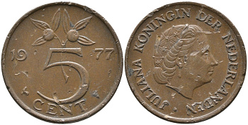 Нидерланды 5 центов 1977 Юлиана (1948-1980) KM 181 бронза 65-1226