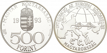 Венгрия 500 форинтов 1993 интеграция в ЕС, мост с Европой KM 704 серебро PROOF 11-036-31