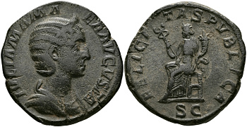 Римская Империя сестерций 228 Юлия Мамея, мать Александра Севера FELICITAS PVBLICA Фелицитата, персонификация Счастья, Рим Good Very fine 19,08 гр RIC 679 бронза 1073-8-13