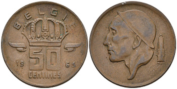 БЕЛЬГИЯ 50 САНТИМОВ 1965 BELGIE KM 149.1 бронза 4564-154
