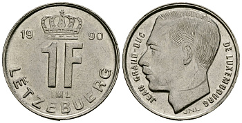 Люксембург 1 франк 1990 Герцог Жан (1964-1999) KM 63 сталь плакированная никелем 4173-1041