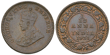 Британская Индия 1/12 анна 1931 Георг V (1910-1936) KM 509 бронза aUNC 4615-237