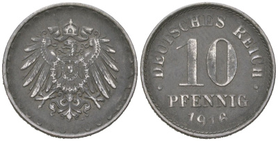 Германия 10 пфеннигов 1916 Вильгельм II (1888-1918) KM 20, J. 298 железо 4615-752