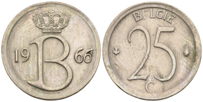 Бельгия 25 сантимов 1966 Belgie, Бодуэн I (1951-1993) KM 154.1 медно-никель 4588-464