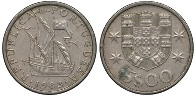Португалия 5 эскудо 1983 парусник KM 591 медно-никель 4122-345