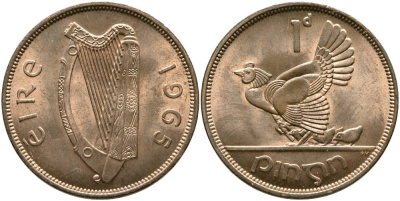 ИРЛАНДИЯ 1 ПЕННИ 1965 КУРИЦА С ЦЫПЛЯТАМИ KM 11 бронза 4531-715