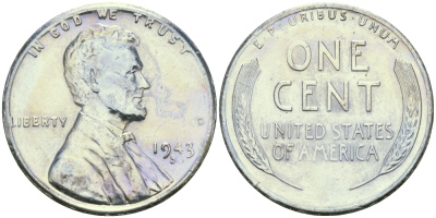 США 1 цент 1943 S (Сан-Франциско), Авраам Линкольн KM 132 a сталь плакированная цинком 96-1218