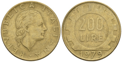 Италия 200 лир 1979 R, шестерня KM 105 алюминиевая бронза 85-447