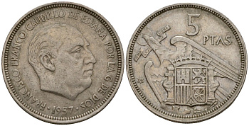 Испания 5 песет 1957 (59) Франсиско Франко (1939-1975) KM 786 медно-никель 186-427