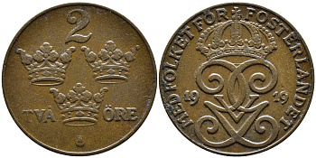 Швеция 2 эре 1919 Густав V (1907-1950) KM 778 бронза 80-457