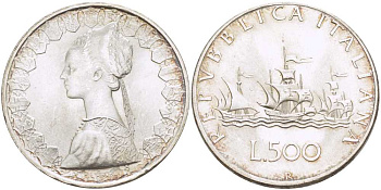 Италия 500 лир 1958 R, корабли Колумба KM 98 серебро 51-4141