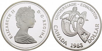 Канада 1 доллар 1983 XII летняя Универсиада в Эдмонтоне KM 138 серебро PROOF 1087-6-21