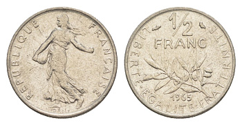 Франция 1/2 франка 1965 сеятель KM 931.1, Le Franc 198.3 никель 4630-416