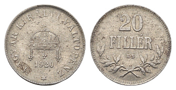 Венгрия 20 филлеров 1920 КВ, Карл I (1916-1918), редкий год KM 498 железо 1524-1534