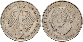 ФРГ 2 марки 1974 G, Теодор Хойс, 20 лет Федеративной Республике (1949-1969) KM A127, J. 407 медно-никель 4187-814