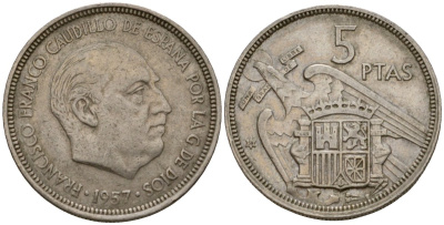 Испания 5 песет 1957 (59) Франсиско Франко (1939-1975) KM 786 медно-никель 186-427