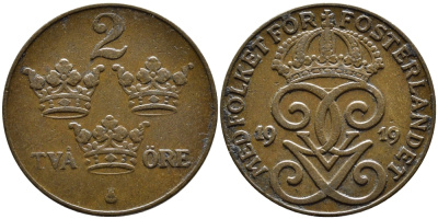 Швеция 2 эре 1919 Густав V (1907-1950) KM 778 бронза 80-457