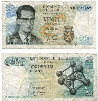 Бельгия 20 франков 1964 Бодуэн I, атомиум, d Haeze Pick 138 (1) бумага 8612-16-3-2