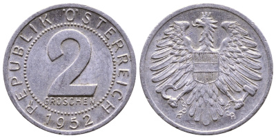 АВСТРИЯ 2 ГРОША 1952 КМ 2876 алюминий 35-119
