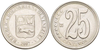 ВЕНЕСУЭЛА 25 СЕНТИМО 2007 KM 91 сталь плакированная никелем 217-746