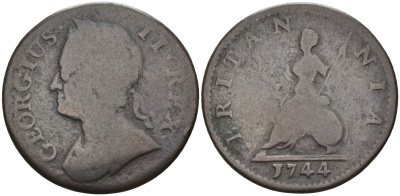 Великобритания 1 фартинг 1744 Георг II (1727-1760) KM 581.1, Spink 3721 медь 4126-657