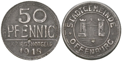 Оффенбург (Баден) 50 пфеннингов 1918 Funck 403.2A, Men18 24881.3 железо 4586-913