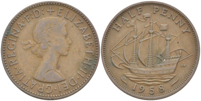 Великобритания 1/2 пенни 1958 Елизавета II (1952-2022) KM 896, Spink 4158 бронза 4544-113