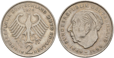 ФРГ 2 марки 1974 G, Теодор Хойс, 20 лет Федеративной Республике (1949-1969) KM A127, J. 407 медно-никель 4187-814