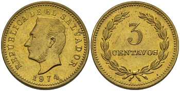 Сальвадор 3 сентаво 1974 год тип, Франсиско Морасан KM 148 никель-латунь UNC 66-815