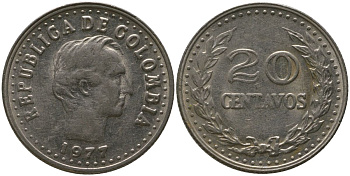 Колумбия 20 сентаво 1977 KM 246.1 сталь плакированная никелем 4529-832