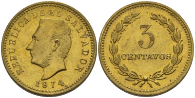 Сальвадор 3 сентаво 1974 год тип, Франсиско Морасан KM 148 никель-латунь UNC 66-815