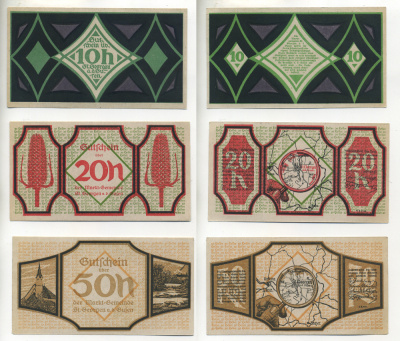 Австрия набор из 3 банкнот 1920 нотгельд, 10, 20, 50 геллеров, ST. GEORGEN am der GUFEN   бумага  aUNC  7555-21-3-1