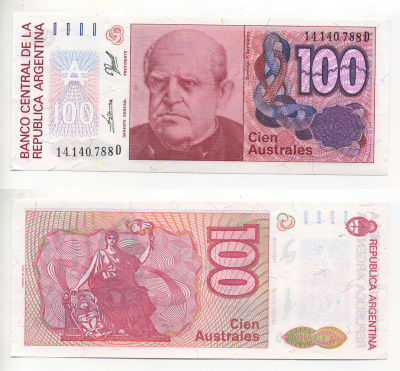 АРГЕНТИНА 100 АУСТРАЛЕЙ 1990 СЕРИЯ D 14140, Фаустино Сармьенто, Аргентинский военный деятель, масон Pick 327с бумага UNC (ПРЕСС) 7548-9-2-1