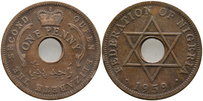 Нигерия 1 пенни 1959 Елизавета II (1952-), Британский протекторат KM 2 бронза 51-212