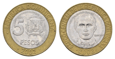 Доминиканская Республика (Доминикана) 5 песо 2002 Санчес KM 89 биметалл 4663-926