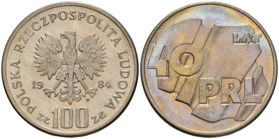 Польша 100 злотых 1984 MW, 40 лет образования Польской Народной Республики Y 151 медно-никель UNC 81-916