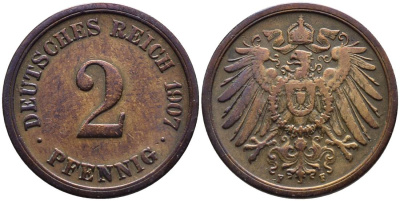 ГЕРМАНИЯ 2 ПФЕННИГА 1907 F KM 16, Jager 11, Weege 4 медь 4546-644