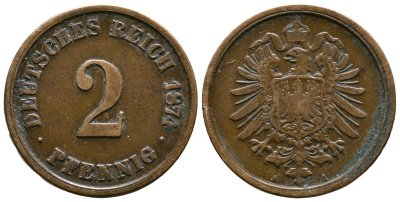Германия 2 пфеннига 1874 А, старогербовка KM 2, J.2 медь 4364-2745