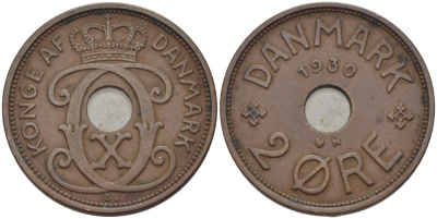 ДАНИЯ 2 ЭРЕ 1930 N; GJ, КРИСТИАН X (1912-1947) KM 827.2 бронза 28-345