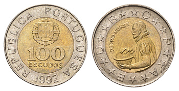 Португалия 100 эскудо 1992 Педру Нуниш (1502-1578), математик KM 645 биметалл aUNC 4678-823