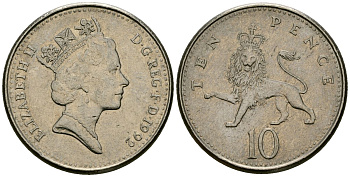 Великобритания 10 пенсов 1992 Елизавета II (1952-2022) KM 938b, Spink 4367 (F4) медно-никель 4167-1251
